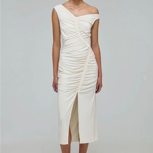 New Self Portrait Ivory Jersey Gathered Asymmetric Midi Dress